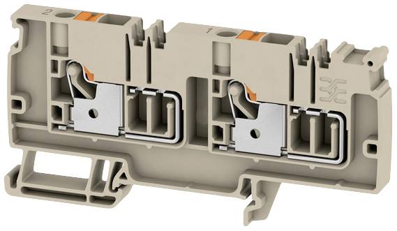 Braune, zweipolige Reihenklemme mit Metallklemmen in der Mitte und orangen Druckknöpfen oben, zur elektrischen Verbindung von Drähten.