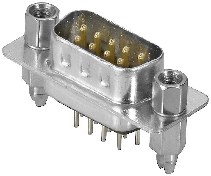 Ein silberner D-Sub-Stecker mit neun goldenen Kontakten und Befestigungsschrauben an den Seiten zur Kabelverbindung.