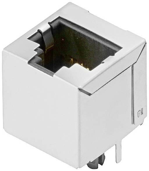 Ein weißer RJ45-Ethernet-Anschluss in Nahaufnahme, zeigt die Innenseite und die Kontakte. Gehäusekanten leicht sichtbar.