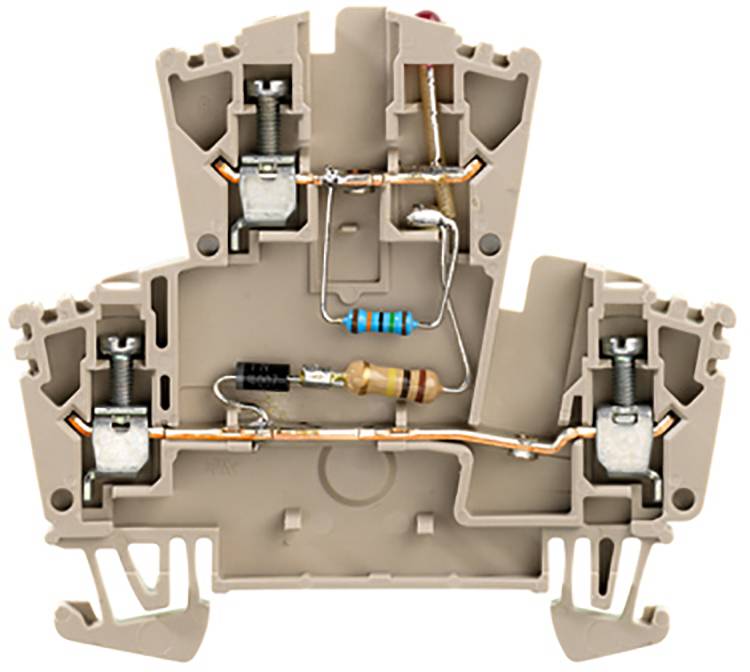 Ein beige Klemmenblock mit sichtbaren inneren Schaltkontakten und Bauelementen wie Widerständen und Metallverbindungen.