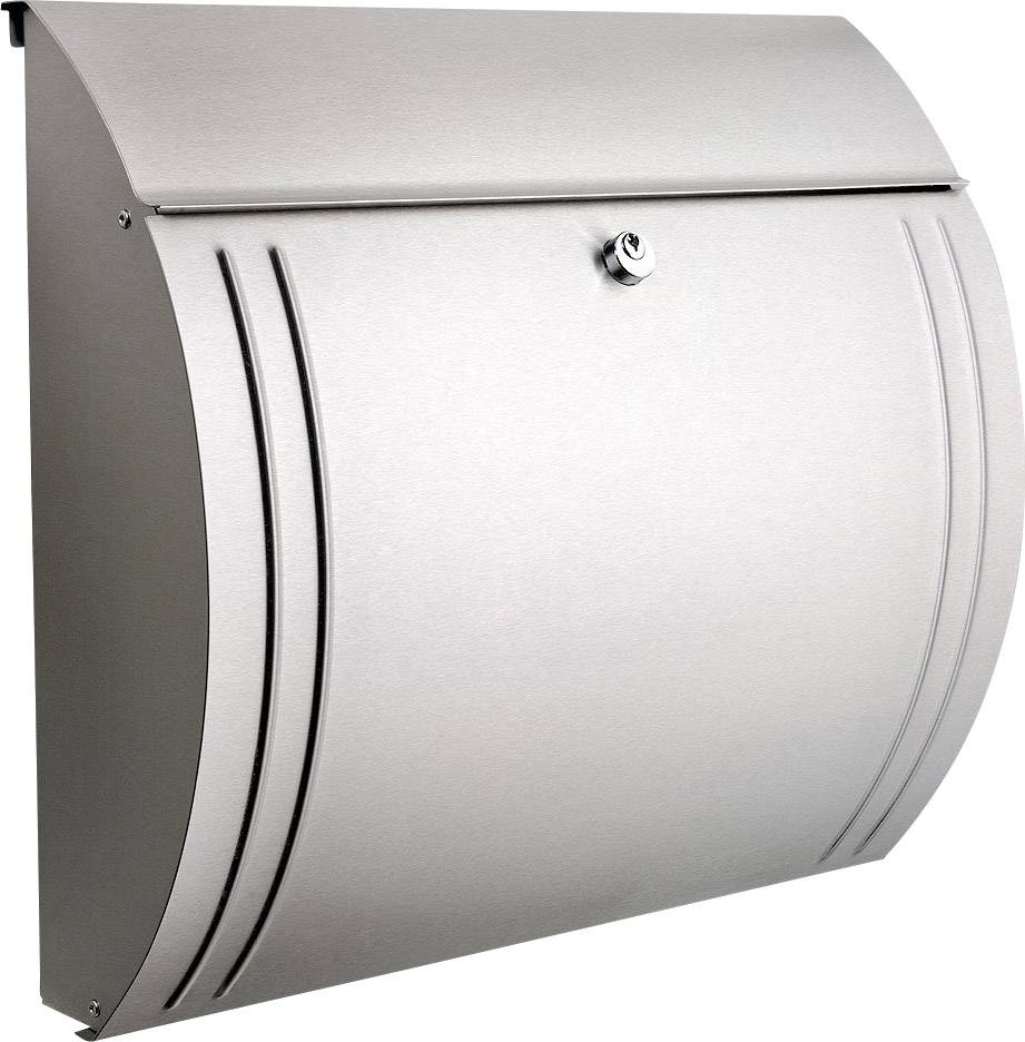 Silberner, moderner Briefkasten aus Metall mit geschwungenen Linien und einem kleinen Schloss in der Mitte der Vorderseite.