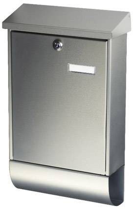 Silberner Briefkasten aus Metall mit Schloss und Namensschild, an einer Wand montiert.