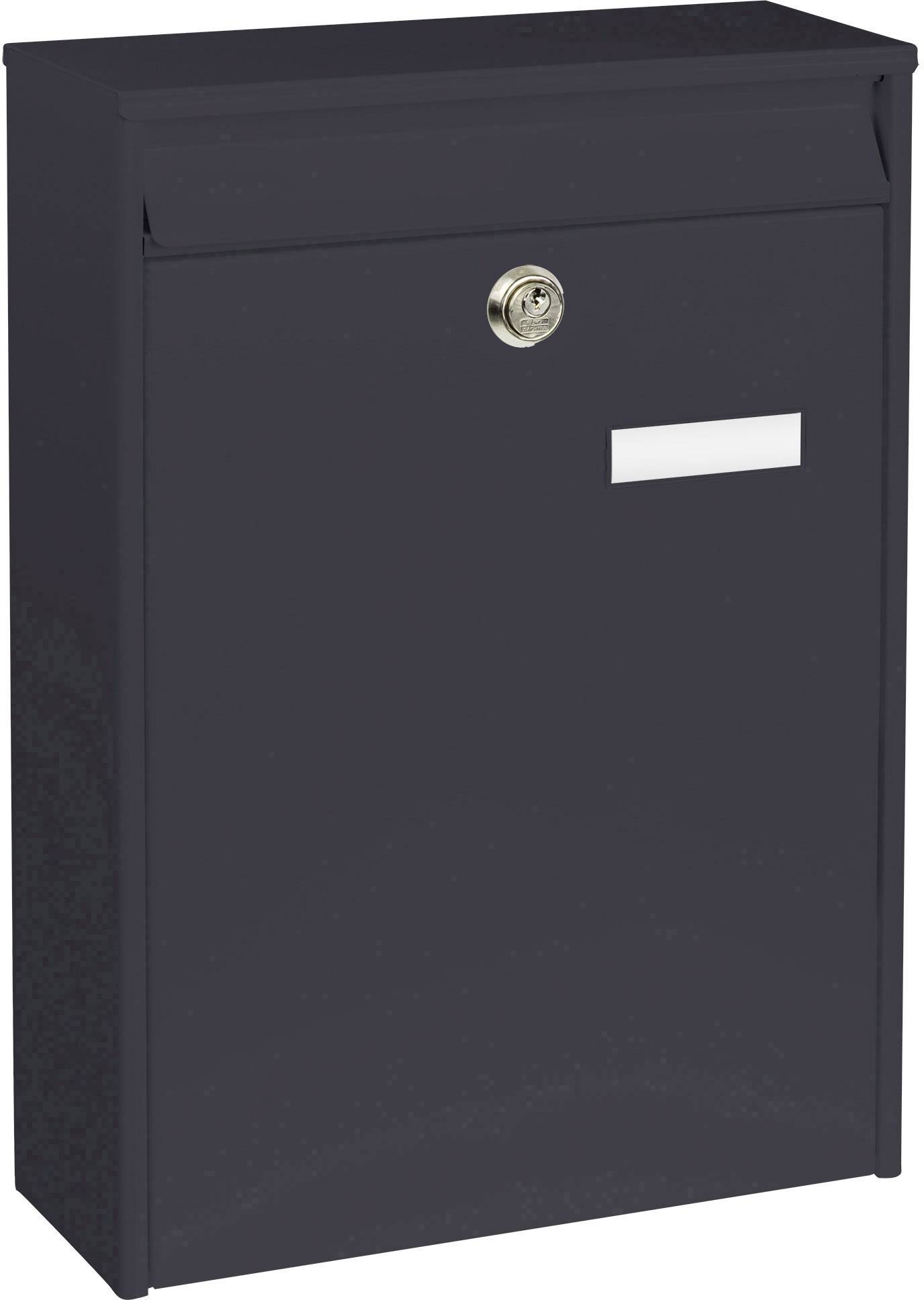 Ein schwarzer, rechteckiger Briefkasten mit einem silbernen Schloss und einer kleinen weißen Etikettenfläche.