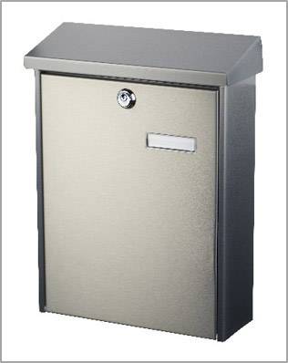 Ein moderner, quadratischer Briefkasten aus Metall mit einem Schloss und einem kleinen Sichtfenster auf der Vorderseite.