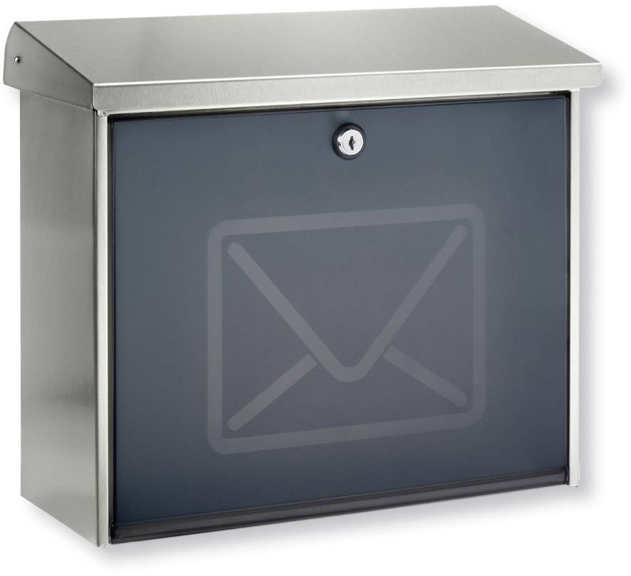 Moderner Briefkasten aus Metall mit abschließbarem Frontfach und stilisiertem Briefsymbol.