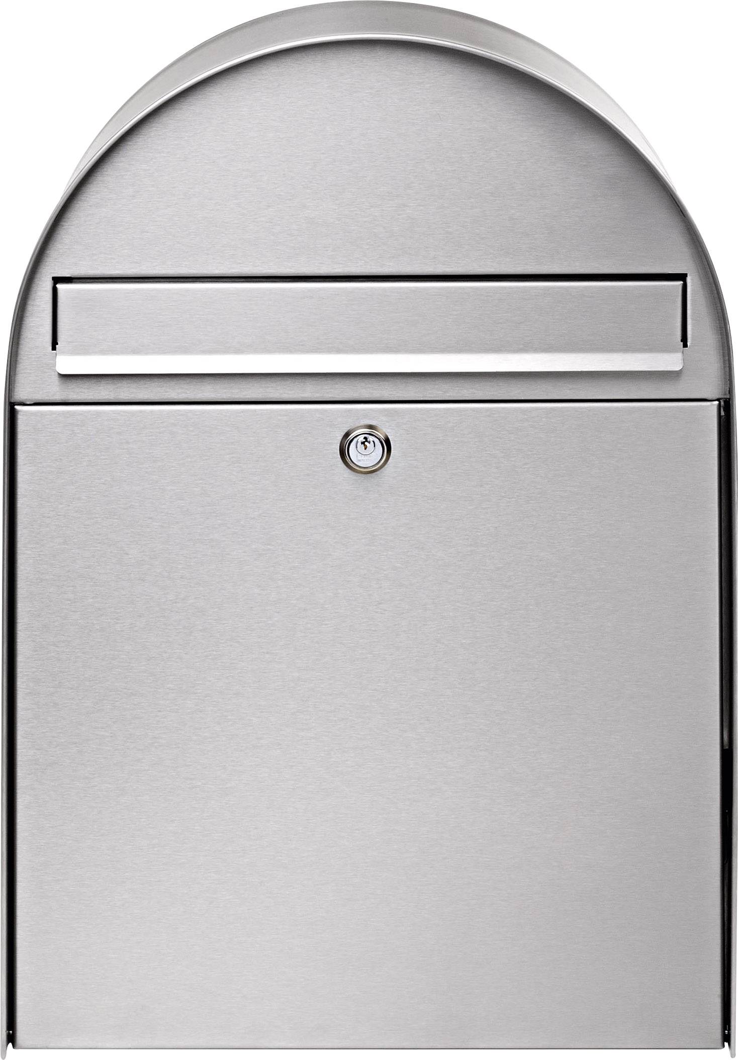 Silberfarbener Briefkasten mit gewölbtem Dach und Schlitze für Post. Vorderansicht.
