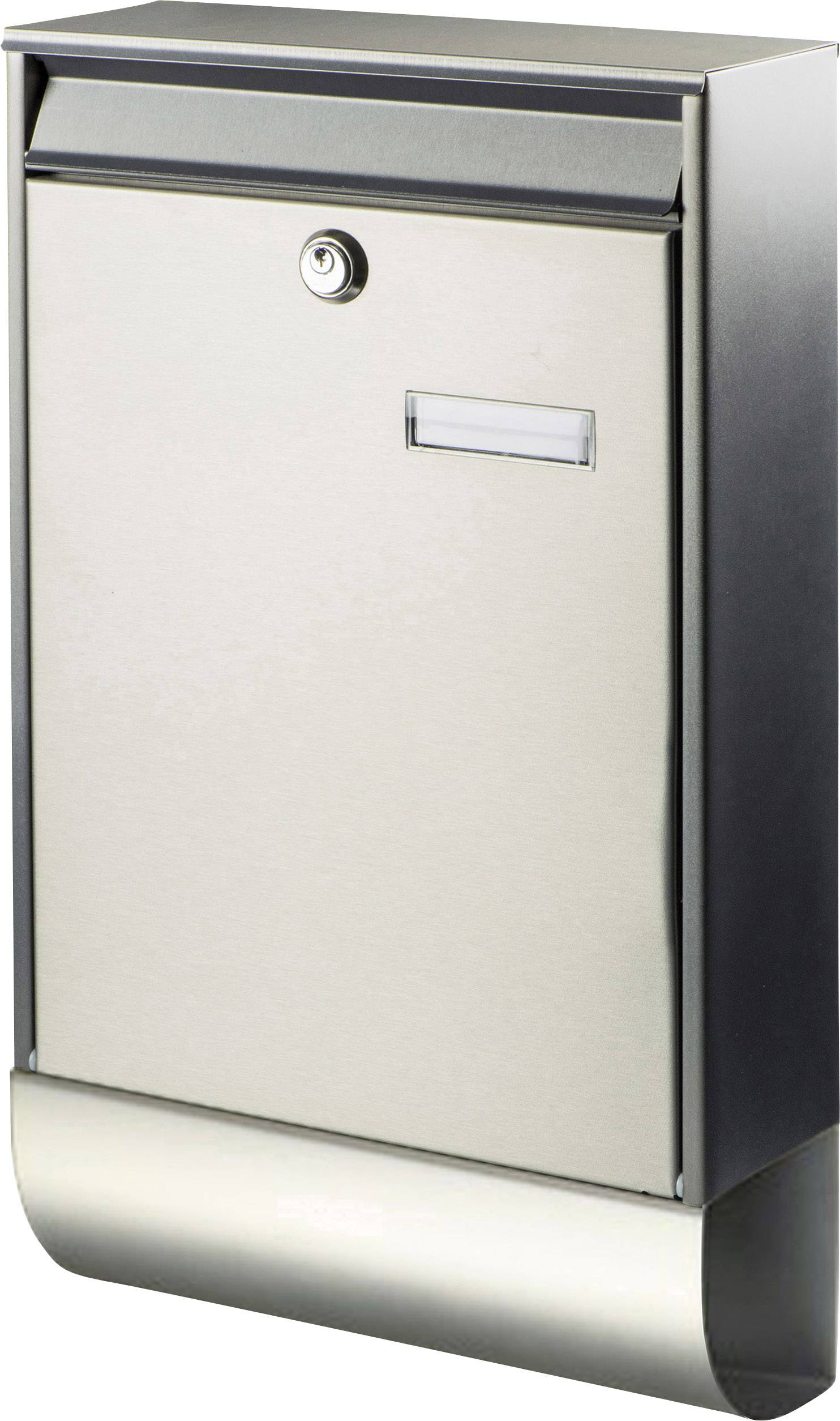 Silberner Briefkasten mit Klappe oben und einem kleinen Namensschild.