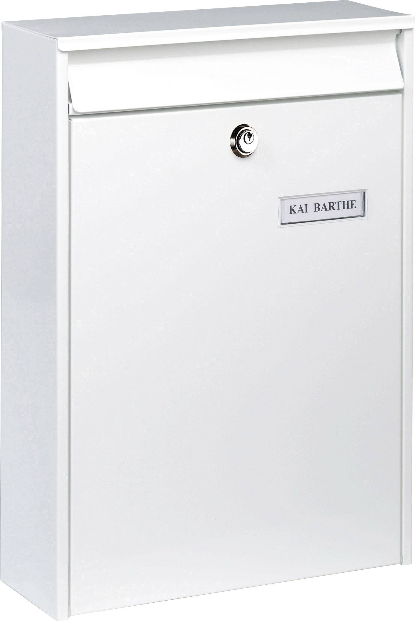 Ein weißer Briefkasten mit der Namensplakette 'KAI BARTHE' an der Vorderseite.