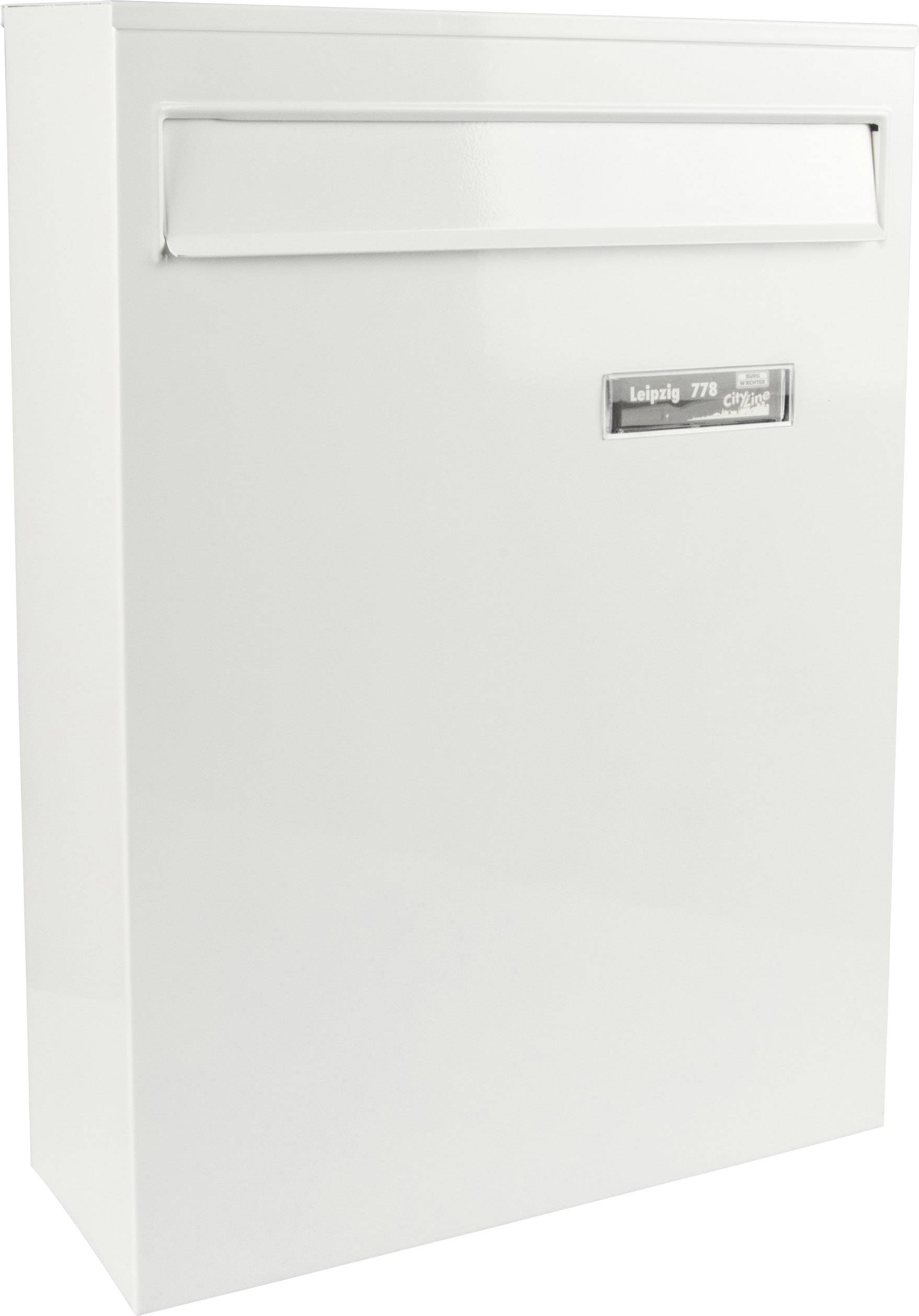 Weiße Wandbriefkasten mit Einwurfschlitz oben, rechteckiger Form, und einem Namensschild.