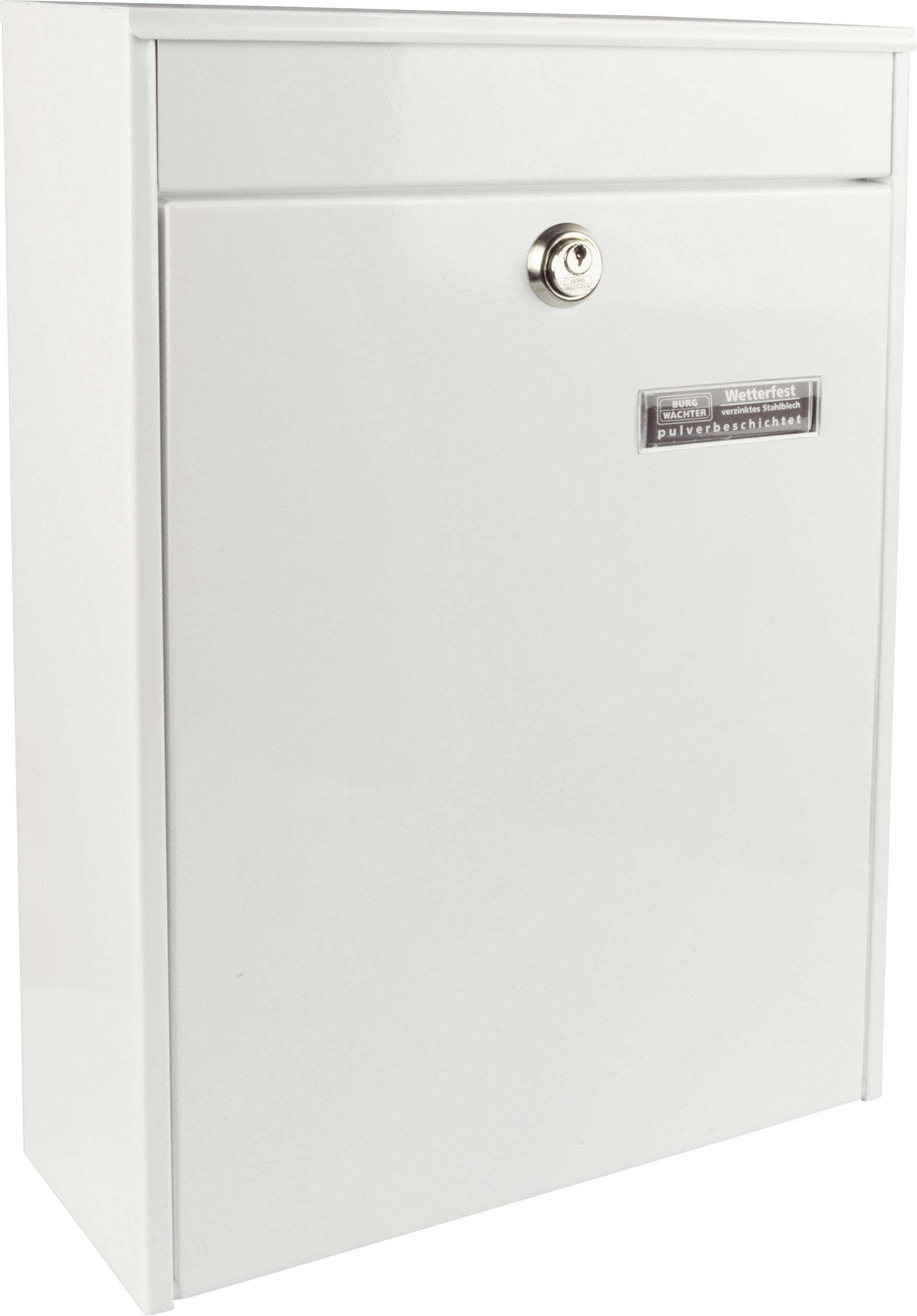 Weißer Briefkasten mit Schloss an der Vorderseite, rechteckige Form, geeignet für den Außenbereich.