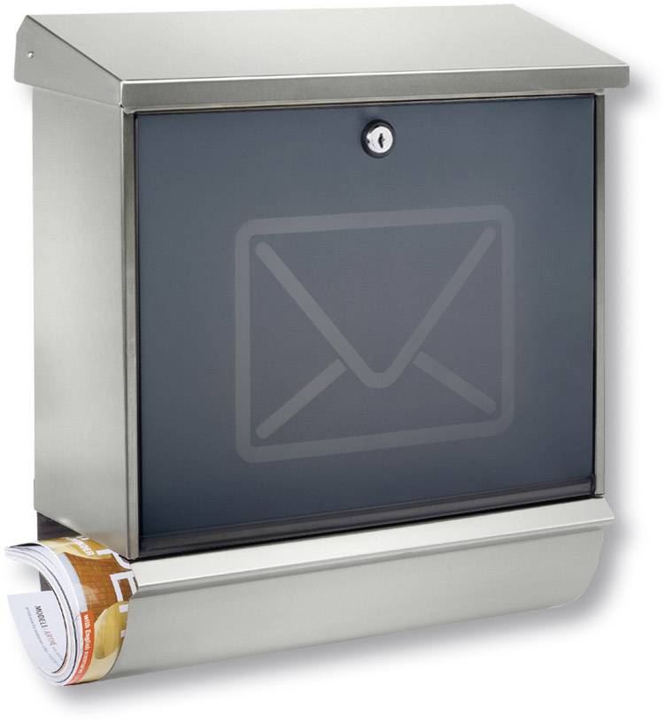 Ein moderner Briefkasten aus Metall mit abgerundeten Ecken. Ein Brief oder eine Zeitung ragt aus dem unteren Fach heraus.