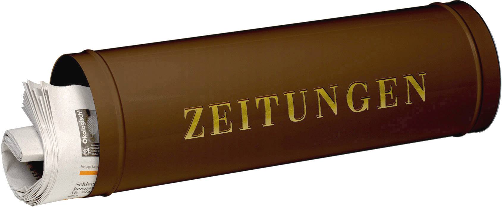 Brauner Zeitungsbehälter mit der Aufschrift 'ZEITUNGEN', eine Zeitung ragt links heraus.