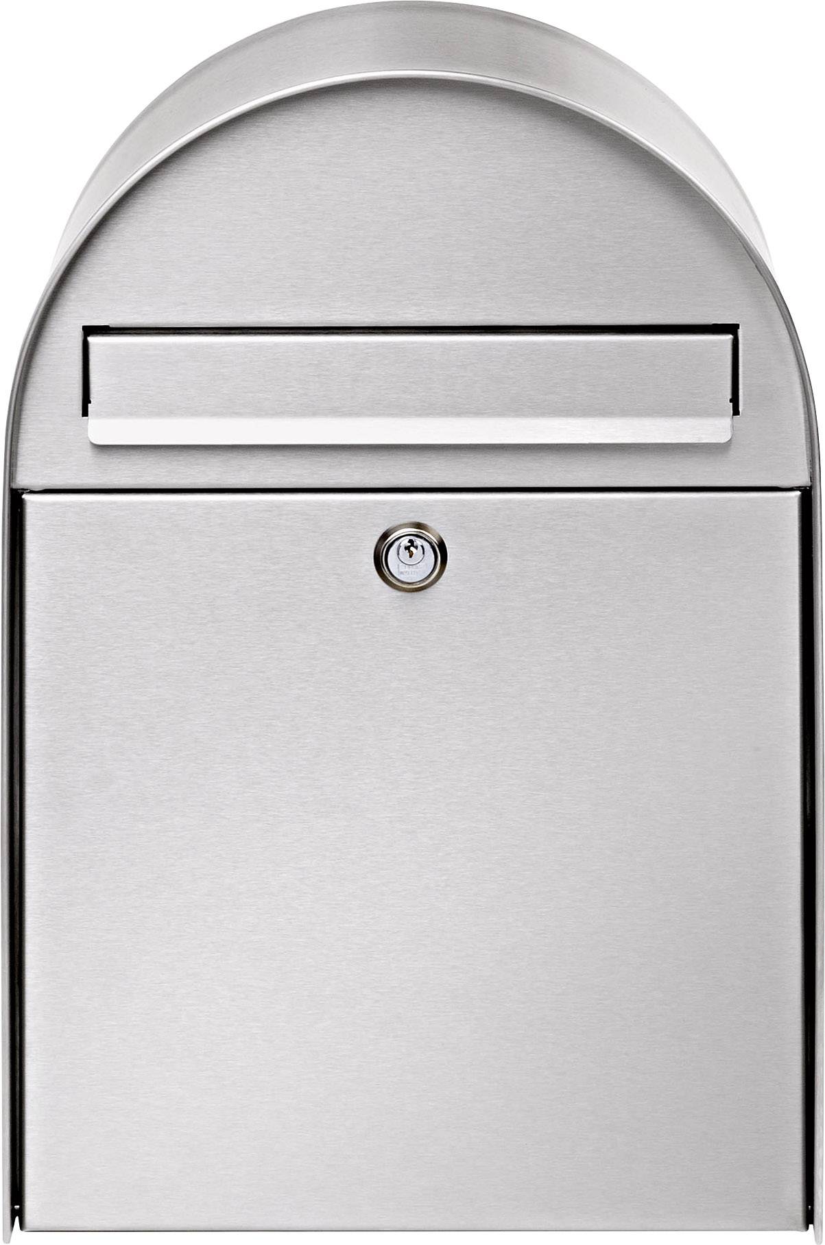 Silberner Briefkasten aus Metall mit Schloss und Briefschlitz, auf rechteckigem Korpus mit abgerundetem oberen Teil.