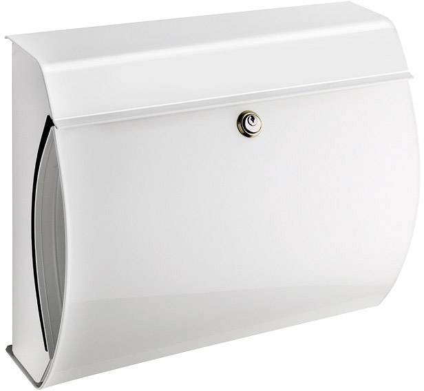 Ein weißer, rechteckiger Briefkasten mit einer geschwungenen Front und einem Schloss in der Mitte.