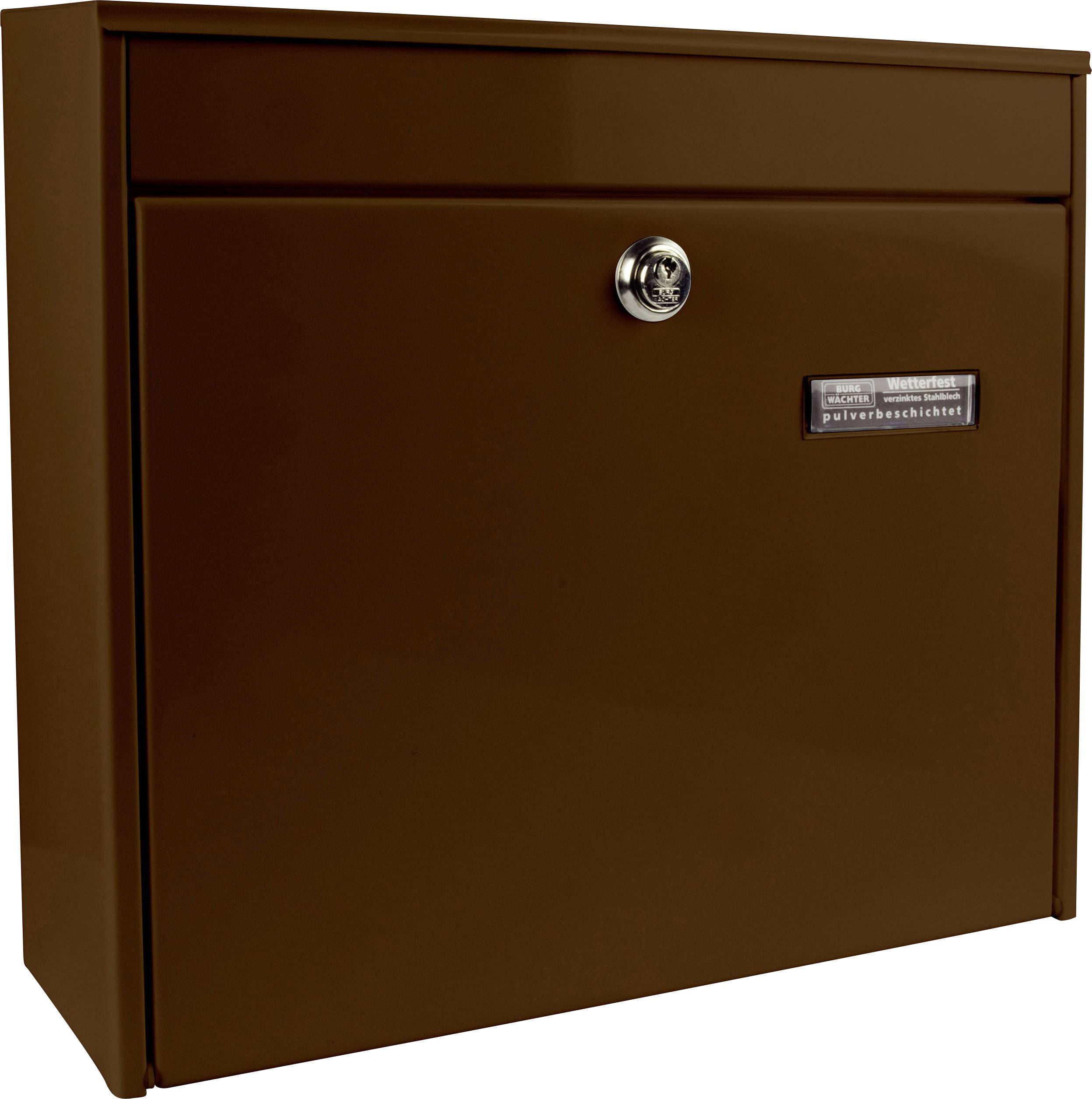 Ein brauner Briefkasten mit einer Klappe oben und einem Schloss in der Mitte. Darunter ein kleines Namensschild.