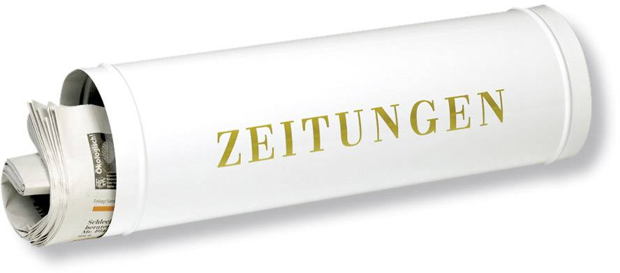 Rolle mit Zeitungen in einem weißen Behälter mit der Aufschrift 'ZEITUNGEN'.