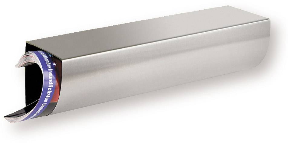 Zeitungsrolle aus Edelstahl mit eingelagerter Zeitung in Blau.