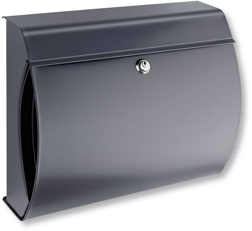 Dunkler, geschwungener Briefkasten mit Schloss an der Vorderseite.