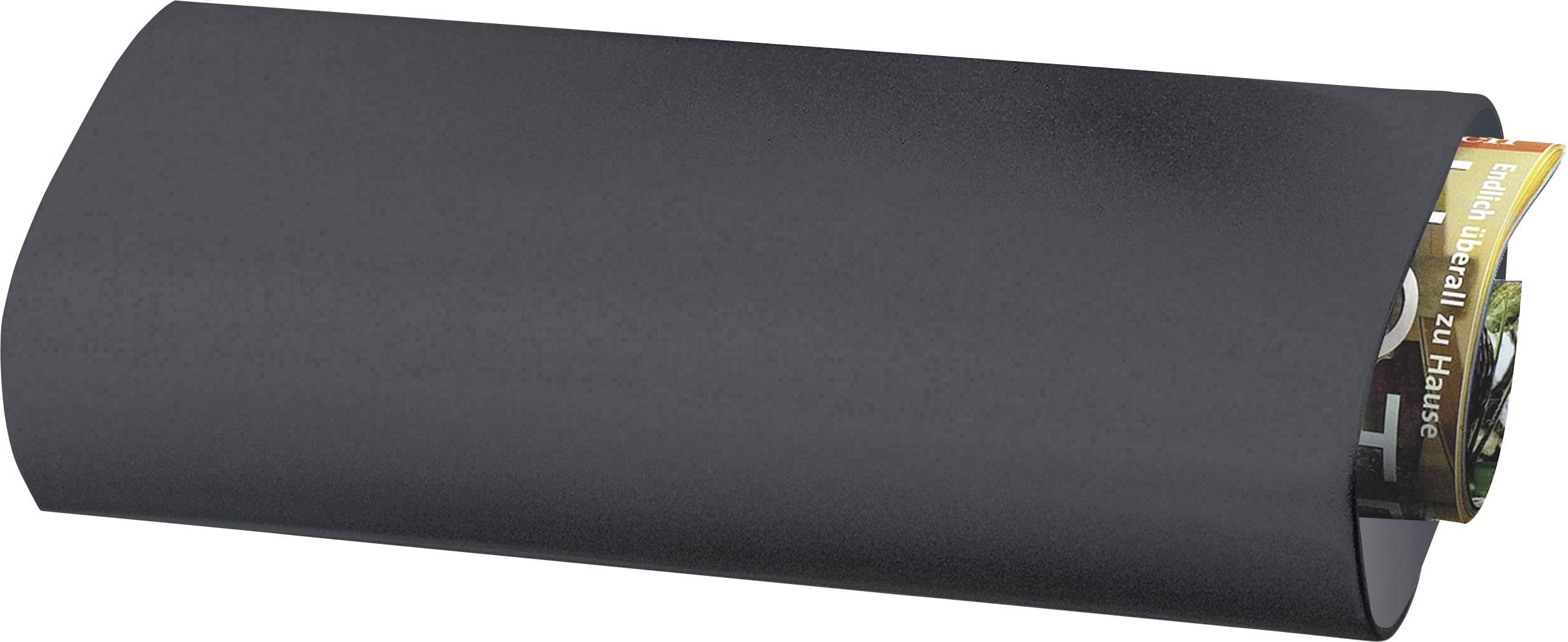 Rechteckiges, schwarzes Objekt, das aussieht wie eine schützende Hülle; eine bunte Zeitschrift ist teilweise eingeschoben.