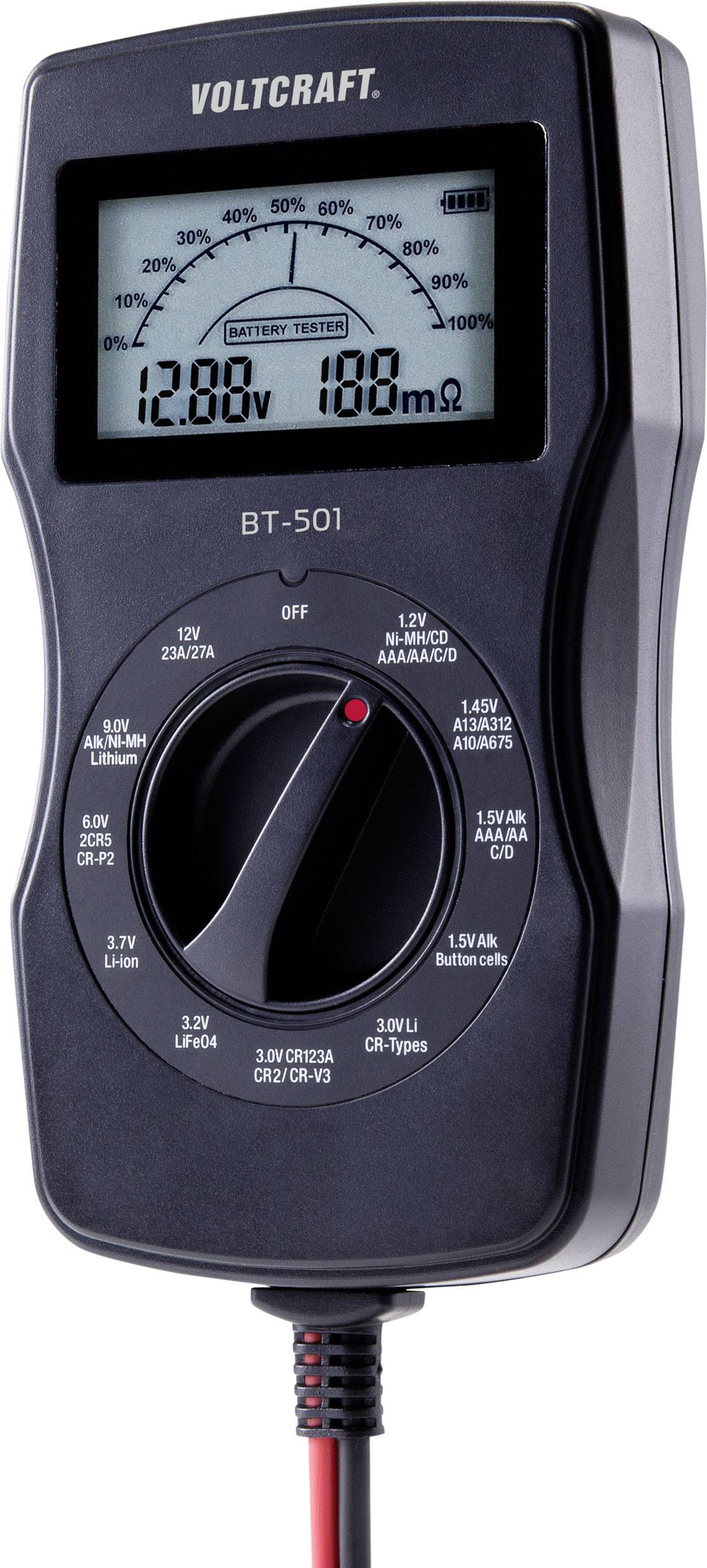 VOLTCRAFT Batterietester BT-501 Messbereich (Batterietester) 1,2 V, 1,5 V, 3 V, 6 V, 3,7 V, 9 V, 12V Batterie, Akku BT-501