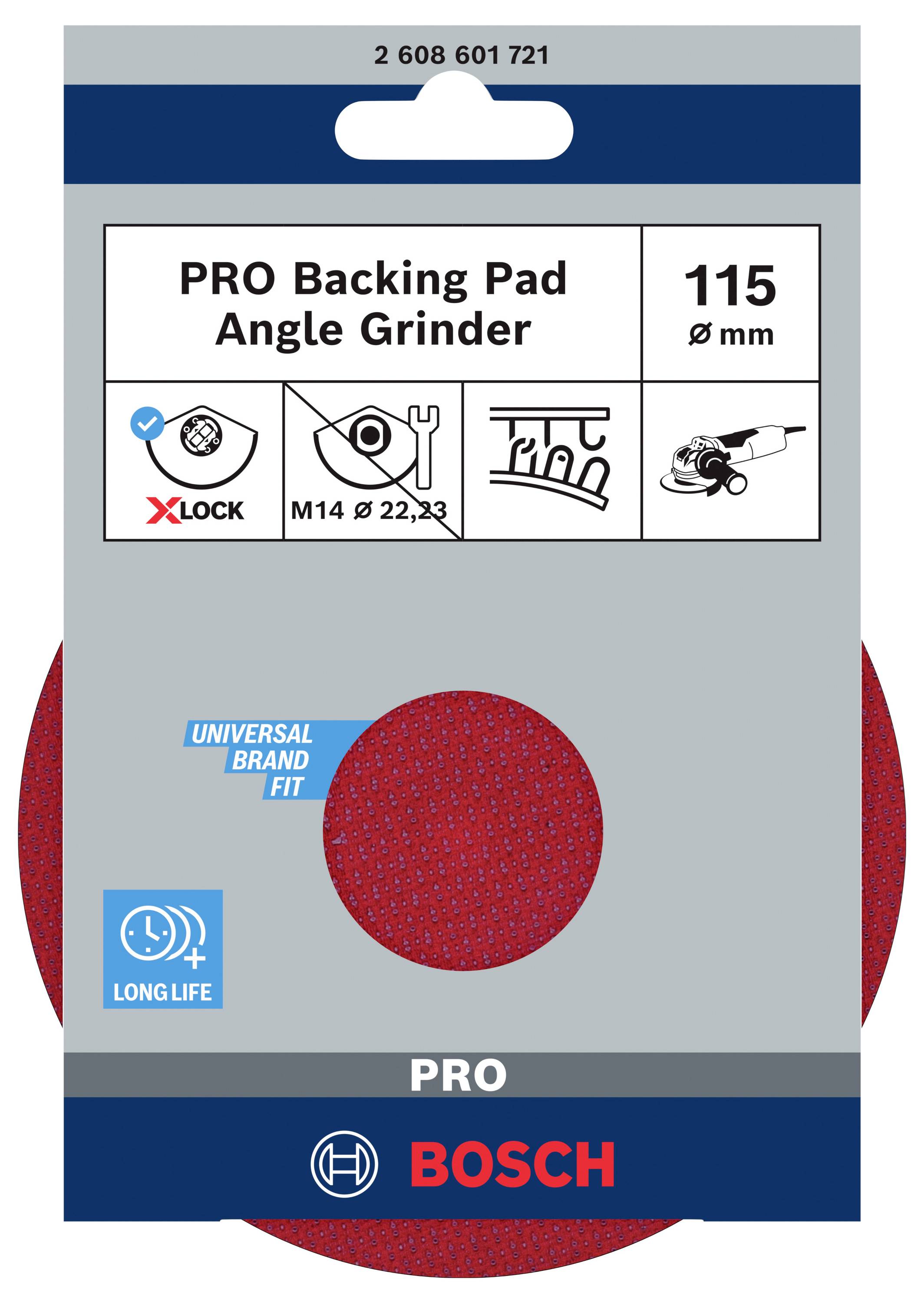 Verpackung eines Bosch PRO Stütztellers für Winkelschleifer, geeignet für 115 mm, mit X-LOCK und Langlebigkeitsmerkmalen.