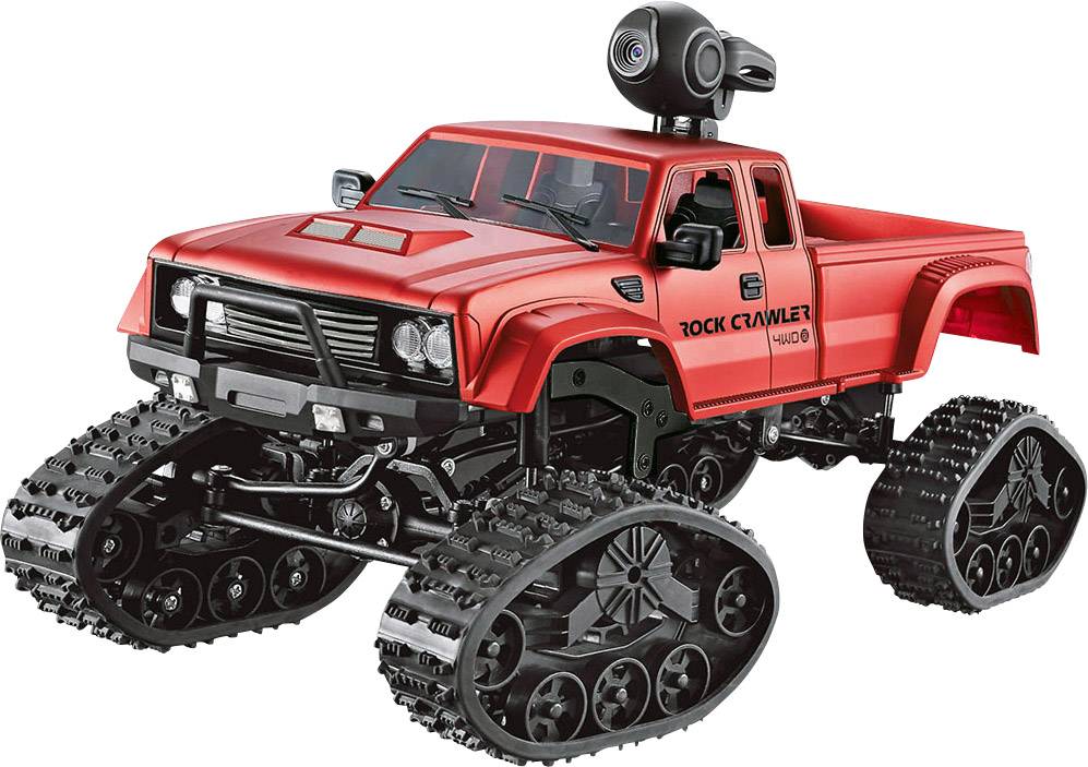 Rotes Spielzeug-Rock-Crawler-Auto mit Kettenrädern und Kamera auf dem Dach, geeignet für Offroad-Abenteuer.