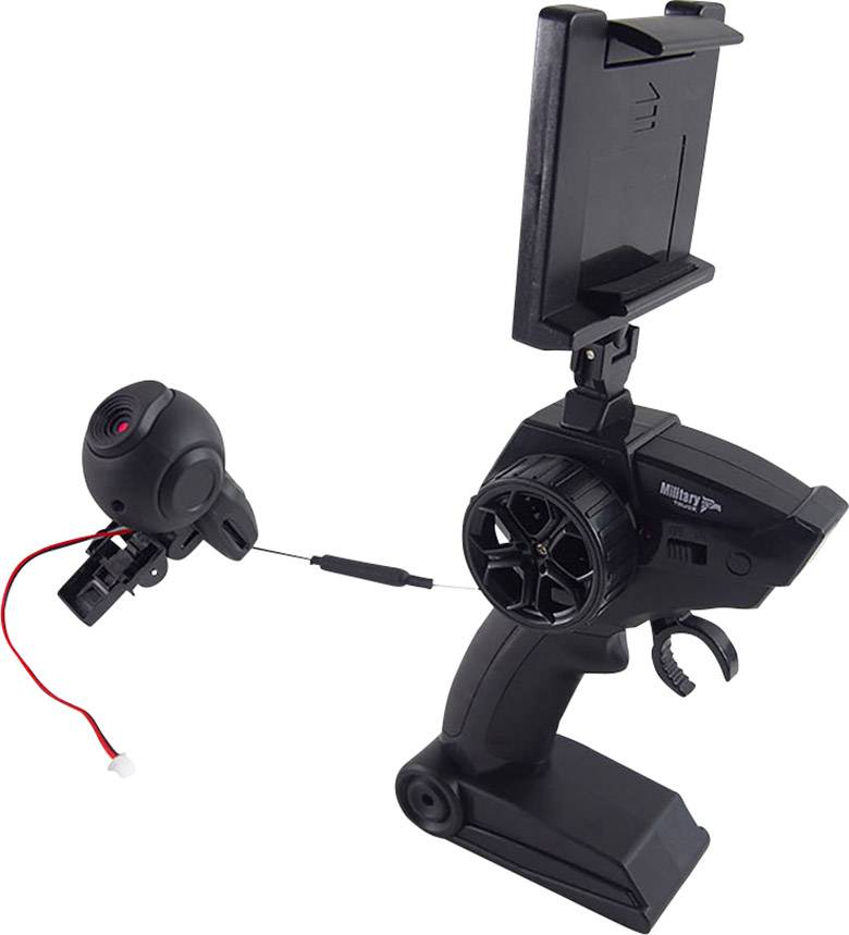 Handfernbedienung mit Handyhalterung und angeschlossener Kamera für ferngesteuerte Fahrzeuge.