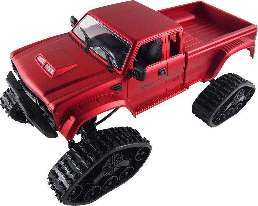 Rotes Geländewagen-Spielzeugfahrzeug mit Raupenketten, markiert als 'Rock Crawler'.