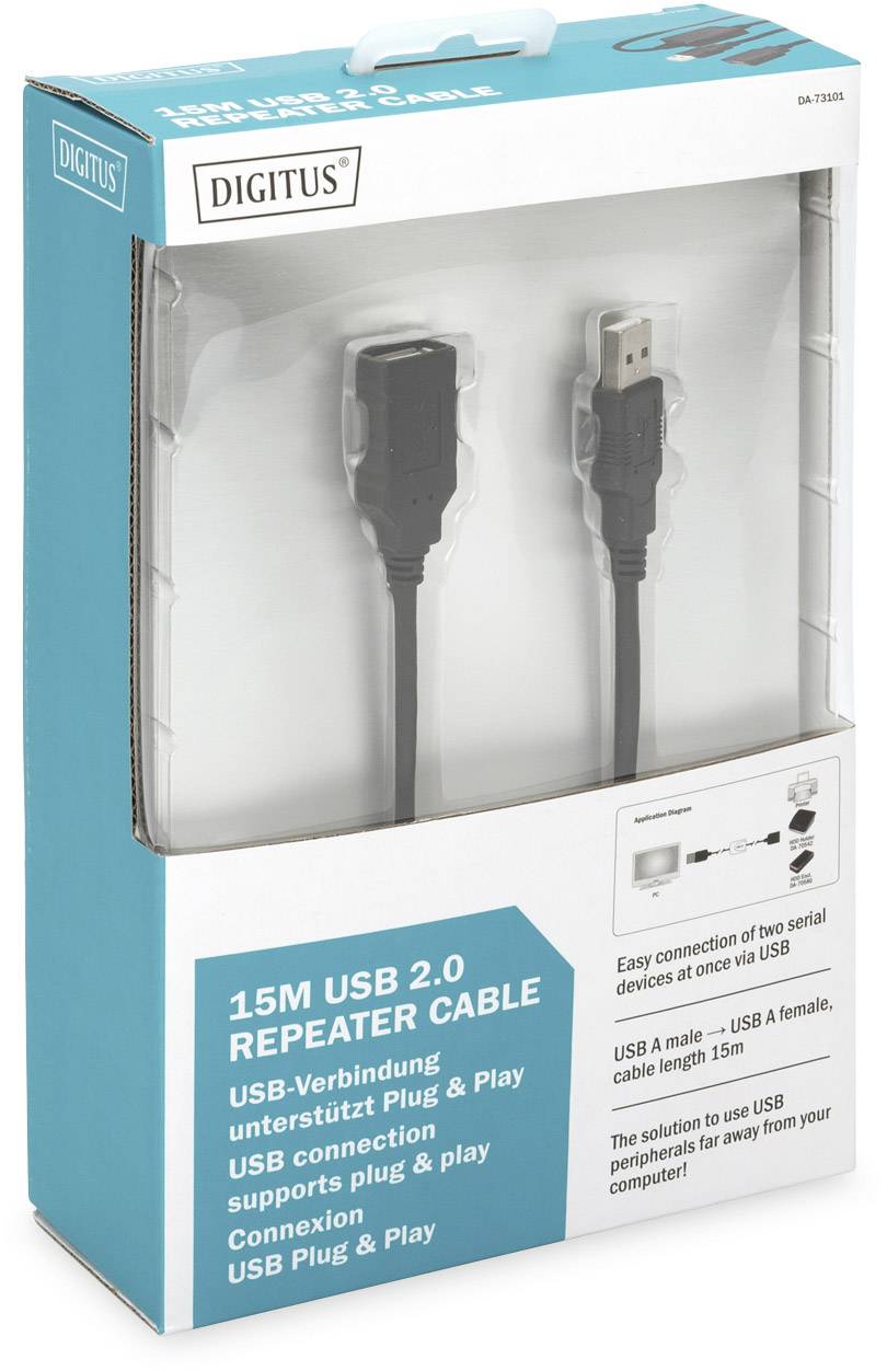 USB-Verlängerungskabel, 15 Meter, für USB 2.0. Verpackung zeigt das Kabel und hebt Plug-and-Play-Funktionalität hervor.