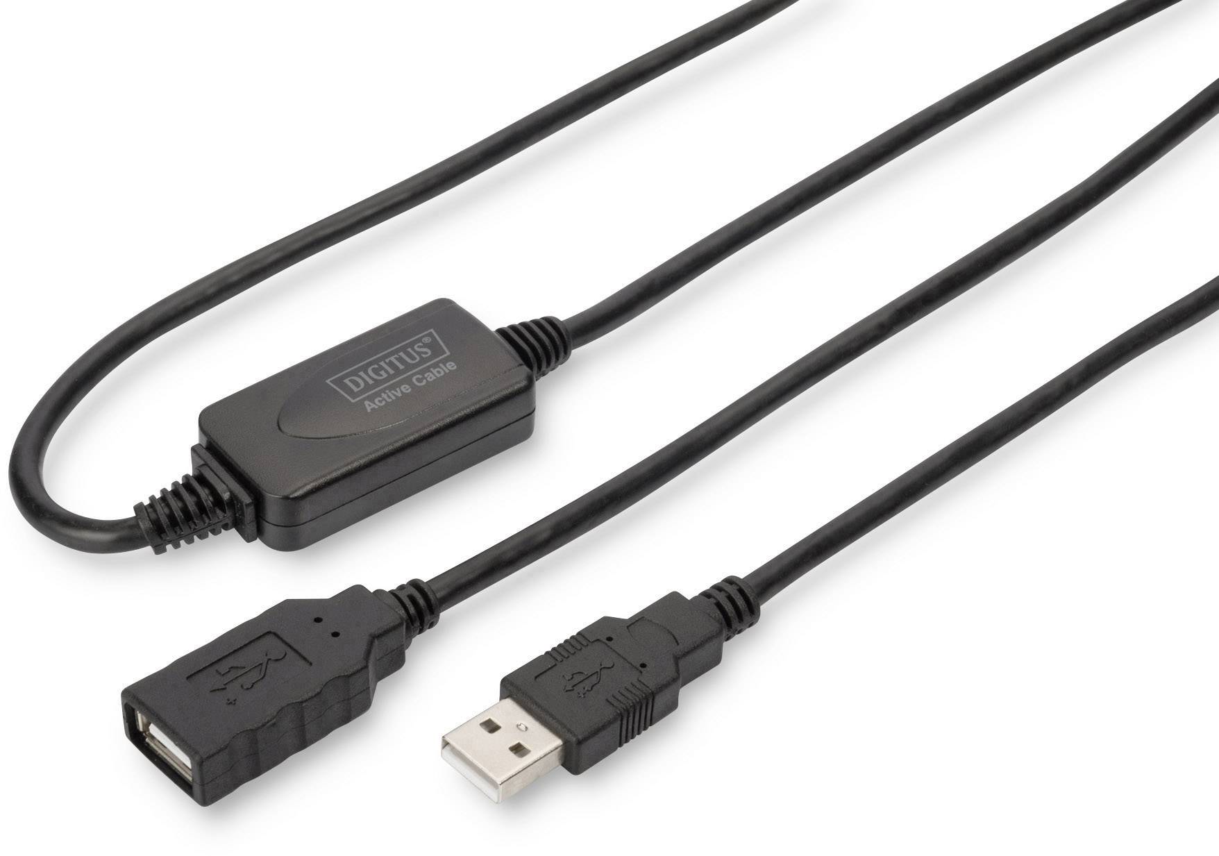 USB-Verlängerungskabel mit Stecker und Buchse. ‘DIGITUS Active Cable’ ist auf dem Gehäuse des Repeaters aufgedruckt.