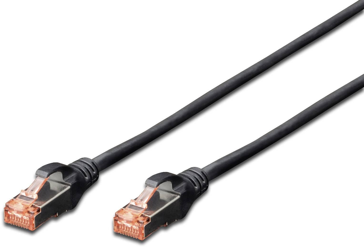 Ein schwarzes Ethernet-Kabel mit beidseitig angebrachten, durchsichtigen RJ45-Steckern, die orange Kunststoffelemente enthalten.