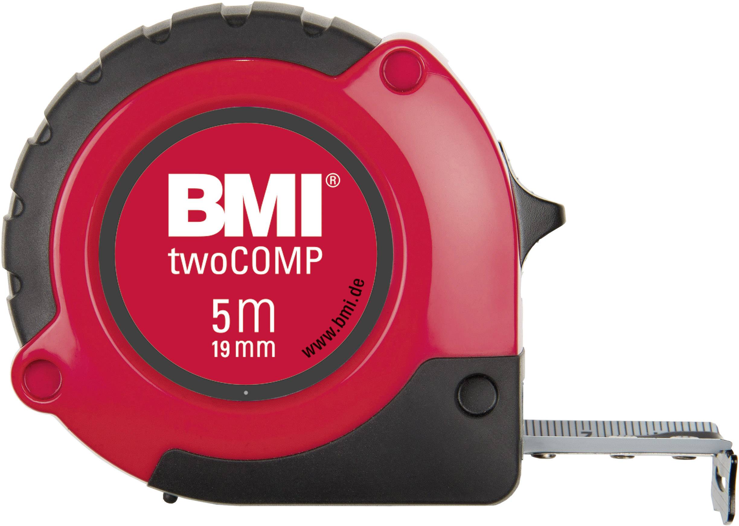 Bilder eines roten und schwarzen Maßbands mit der Aufschrift 'BMI twoCOMP 5 m 19 mm'.