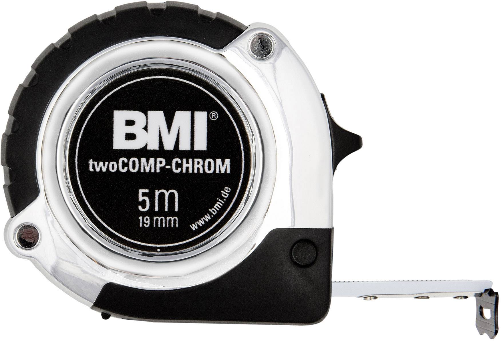 Maßband mit 'BMI' Logo, schwarze und silberne Farben, 5 Meter Länge, 19 mm Breite, Herstellerwebsite 'www.bmi.de'.