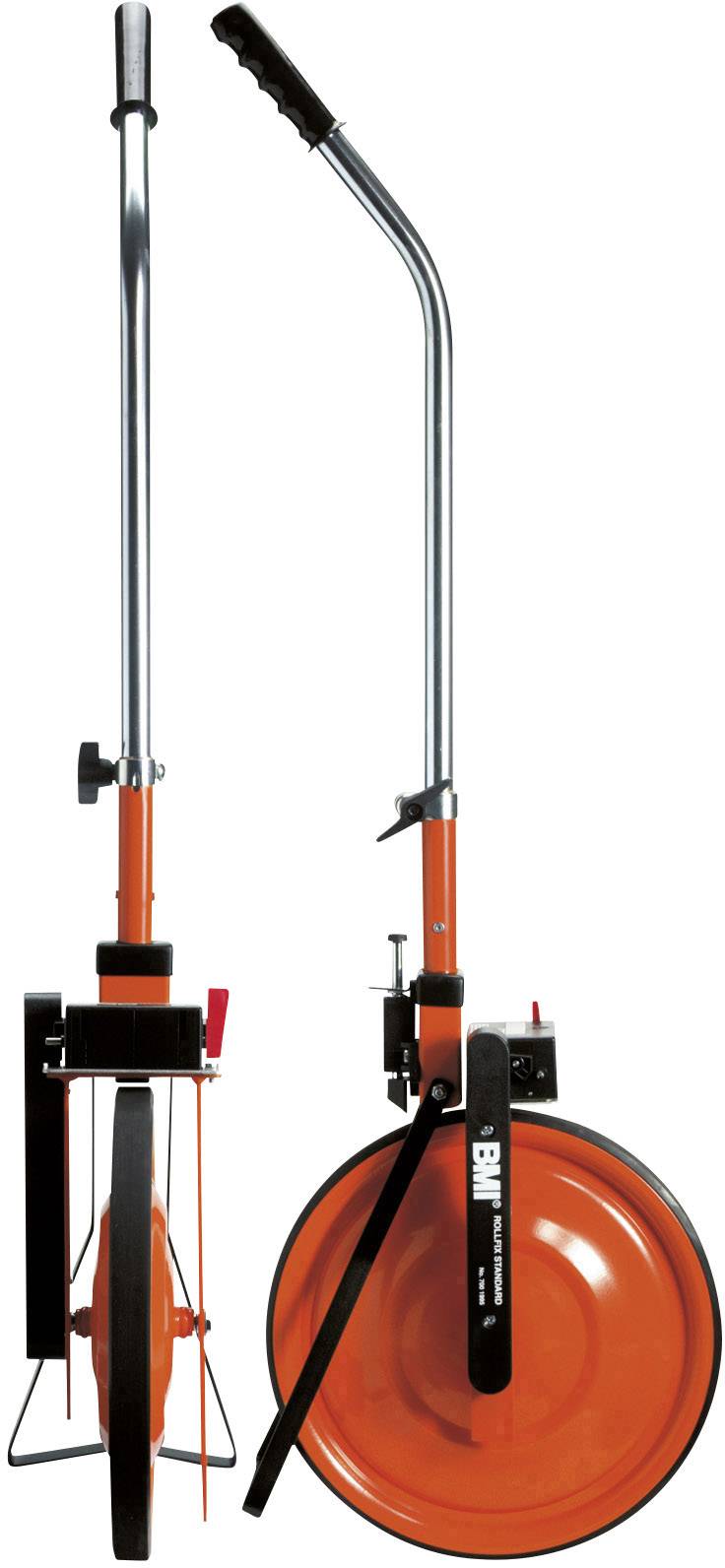 Zwei orangene Messräder mit schwarzen Griffen und Metallstangen, zeigen Vorder- und Seitenansicht.