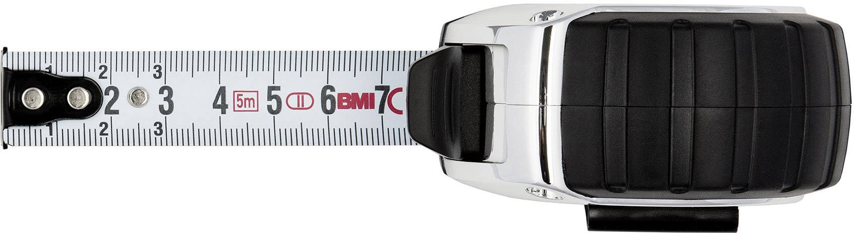 Schwarzes Maßband mit metallischem Gehäuse, ausgezogen bis zu 7 cm, mit Zentimeter- und Zollmarkierungen.