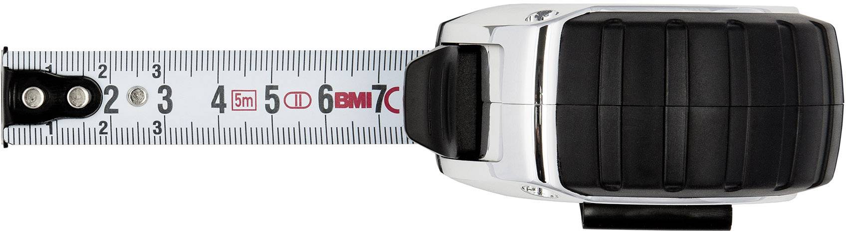 Ein ausgerolltes Maßband zeigt 7 cm. Das Gehäuse ist schwarz und silbern.