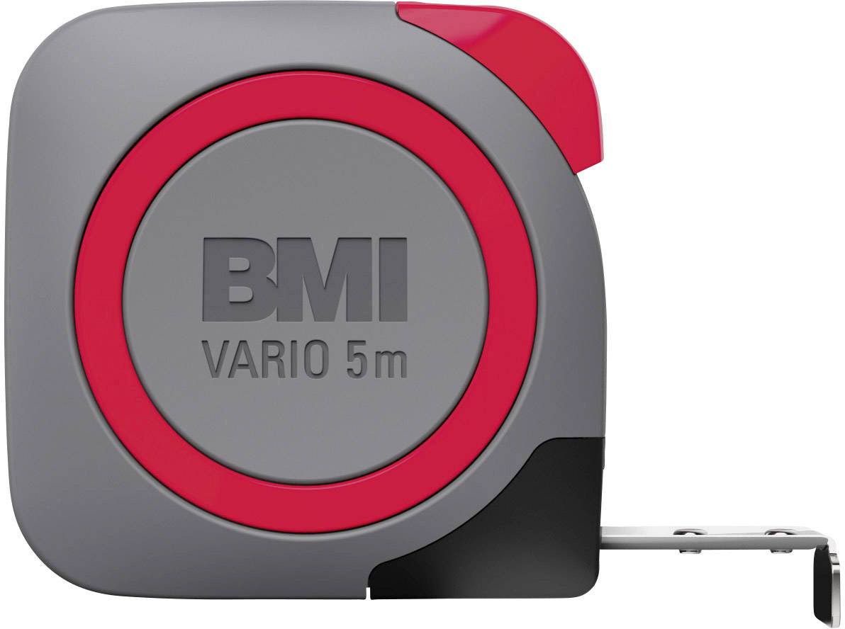 'BMI VARIO 5m' Maßband, grau mit rotem Rand, ausgefahrene silberne Messskala.