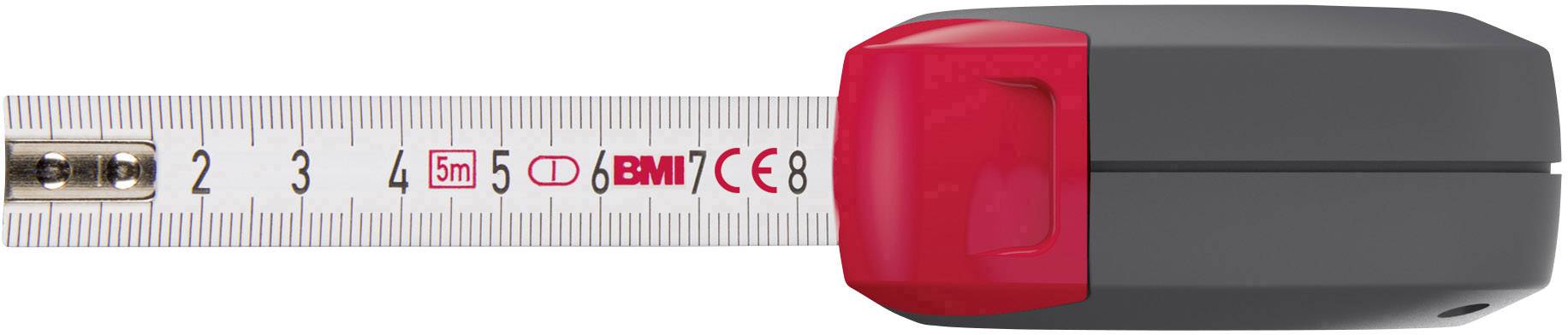 Schwarz-rotes Maßband mit einer Länge von 5 Metern, ausgezogen zu etwa 5 Zentimetern. Maße in Zentimetern und Millimetern markiert.