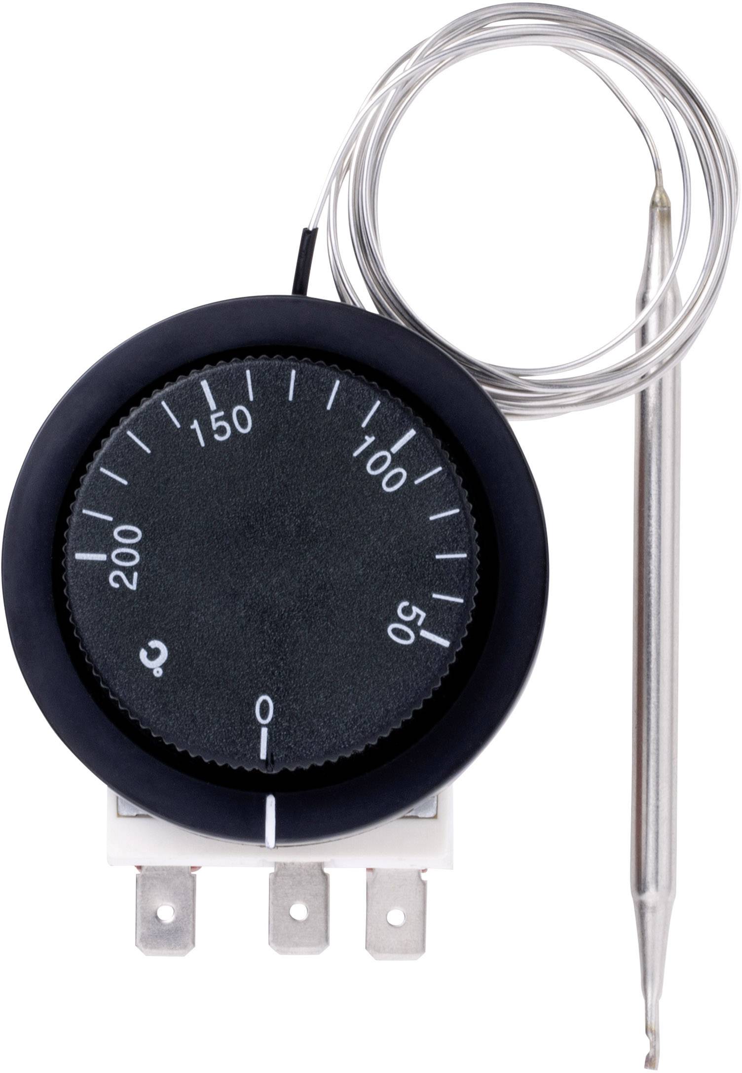 Thermostat-Drehknopf mit Temperaturanzeige von 0 bis 200 Grad Celsius, verbunden mit einer Metallsonde für Temperaturmessungen.