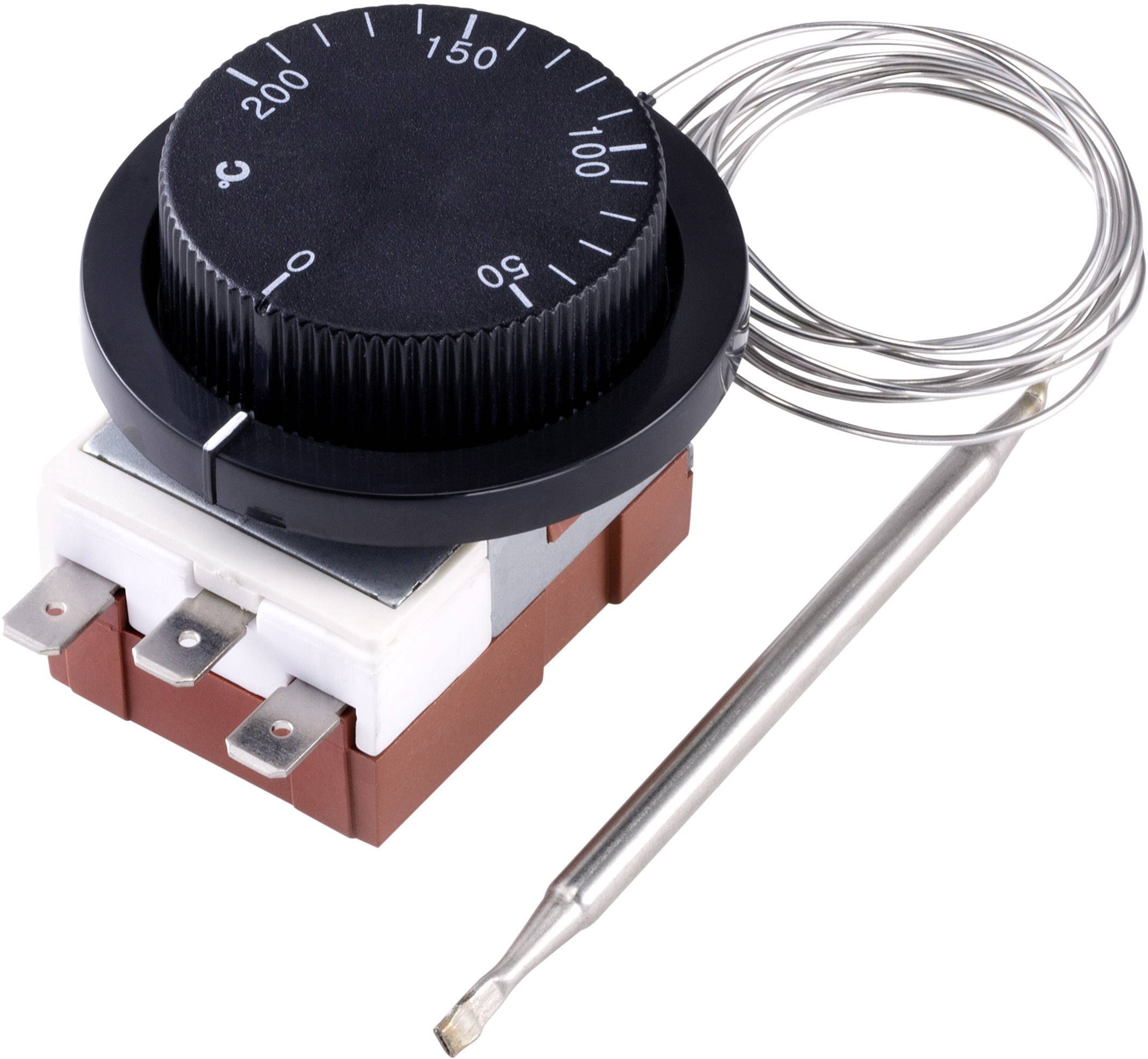 Ein Drehthermostat mit Skala von 0 bis 200 Grad und Metallfühler, zur Temperaturregelung in Heizgeräten.
