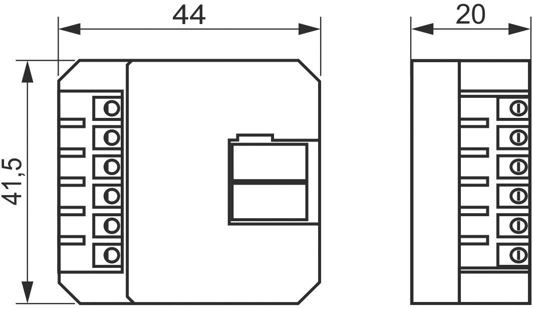 Technische Zeichnung eines elektrischen Bauteils mit den Maßen 44x41,5x20 mm. Zeigt Anschlussklemmen und Gehäusestruktur.