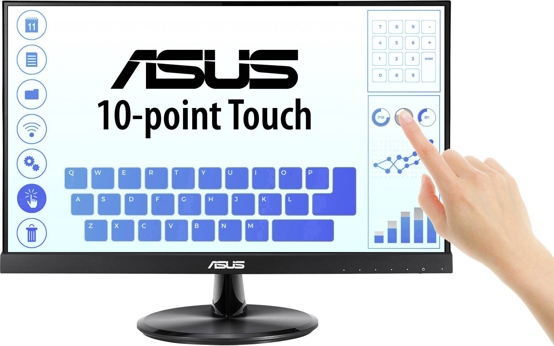 Touchscreen-Monitor von Asus mit 10-Punkt-Touch-Technologie. Eine Hand berührt das Display, um verschiedene Funktionen zu aktivieren.