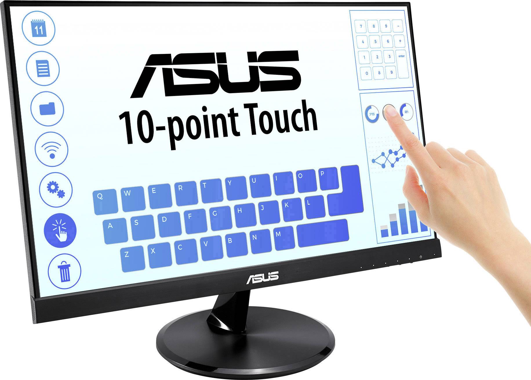 Ein Bildschirm mit dem Logo 'ASUS', einem virtuellen Touch-Keyboard und Steuerelementen für Touch-Funktionen. Eine Hand berührt den Bildschirm.
