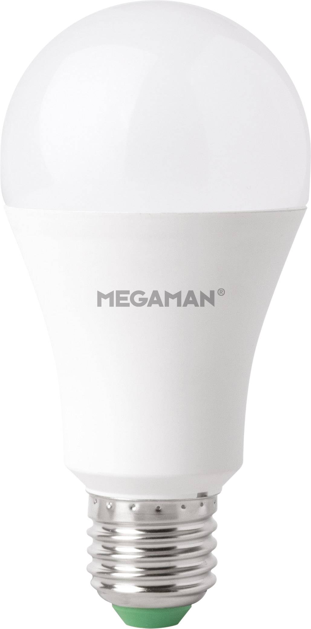 Eine weiße LED-Glühbirne mit der Aufschrift 'MEGAMAN', E27-Sockel, energiesparend.