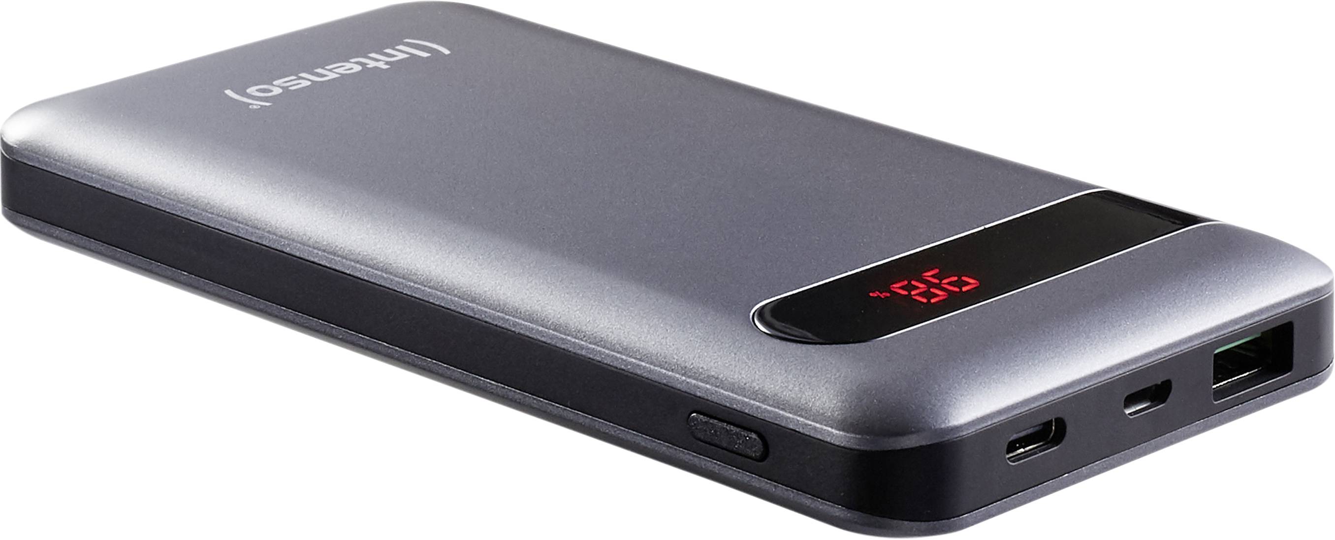 Ein silberner externer Akku mit digitaler LED-Anzeige; zeigt den Ladezustand an. Zwei USB-Anschlüsse sind sichtbar.