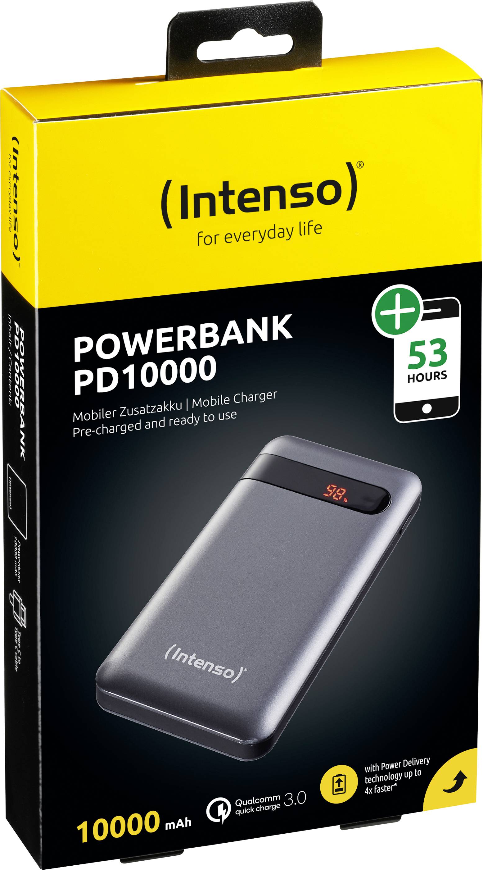 'Intenso PD10000 Powerbank' Verpackung mit Bild der Powerbank, Kapazität 10000 mAh, verspricht über 53 Stunden Laufzeit, Quick Charge 3.0.
