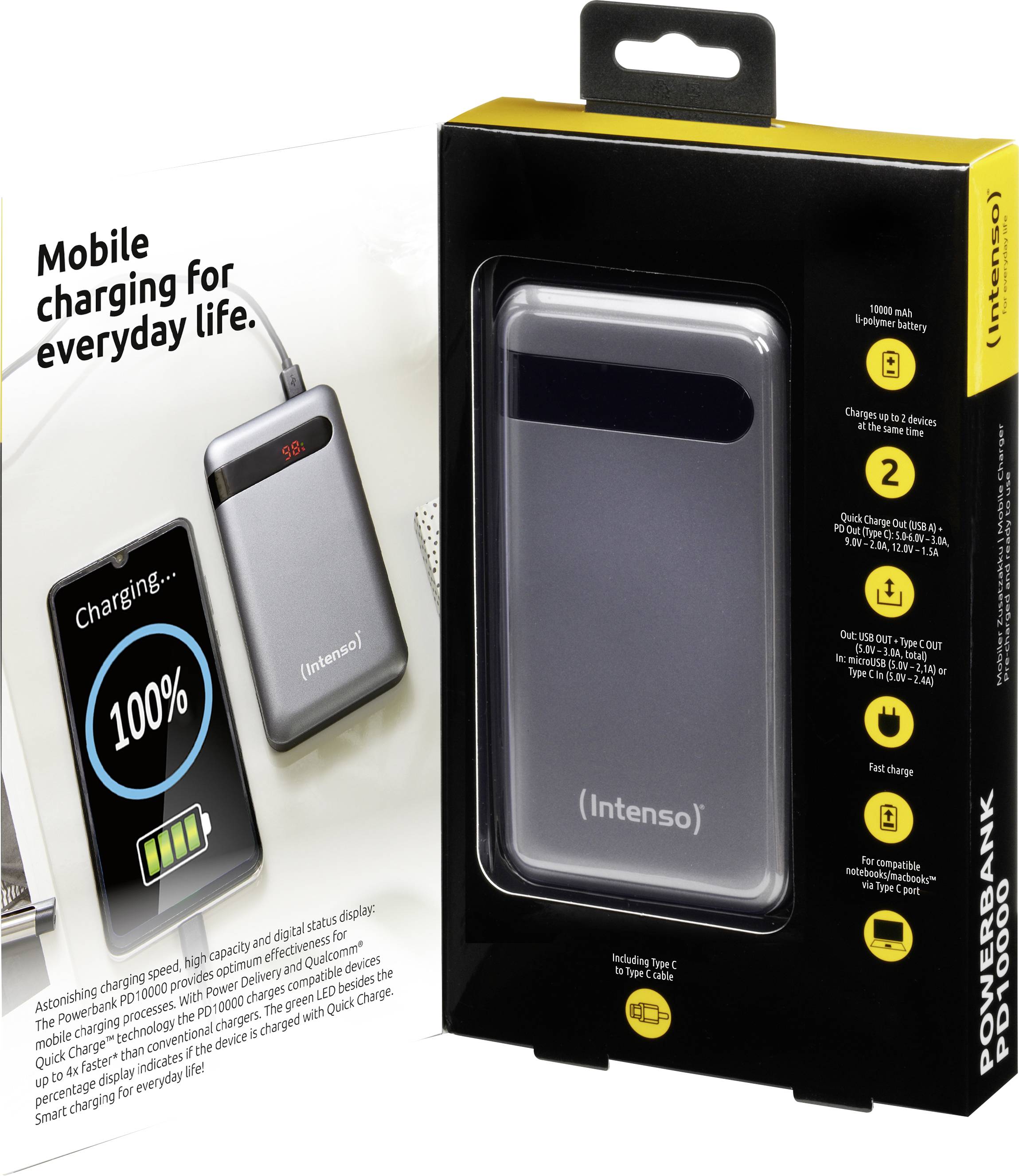 Intenso PD10000 Powerbank 10000 mAh Quick Charge 3.0, USB PD 3.0 LiPo Schwarz Statusanzeige