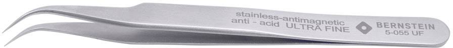 Eine silberne Pinzette mit feiner Spitze, auf der 'stainless-antimagnetic' und 'anti-acid ULTRA FINE BERNSTEIN' eingraviert ist.