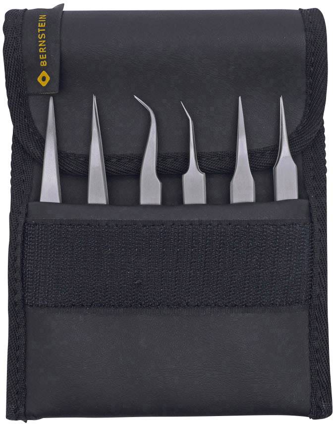 Tasche mit sechs Präzisionspinzetten in verschiedenen Formen und Spitzen, geeignet für Elektronikarbeiten oder Hobbyprojekte.