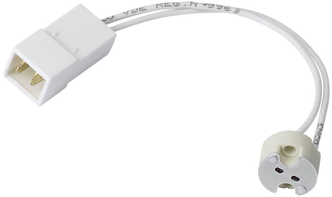 Ein weißer Elektronikstecker mit zwei Kabeln, die in einen runden Sockel führen.
